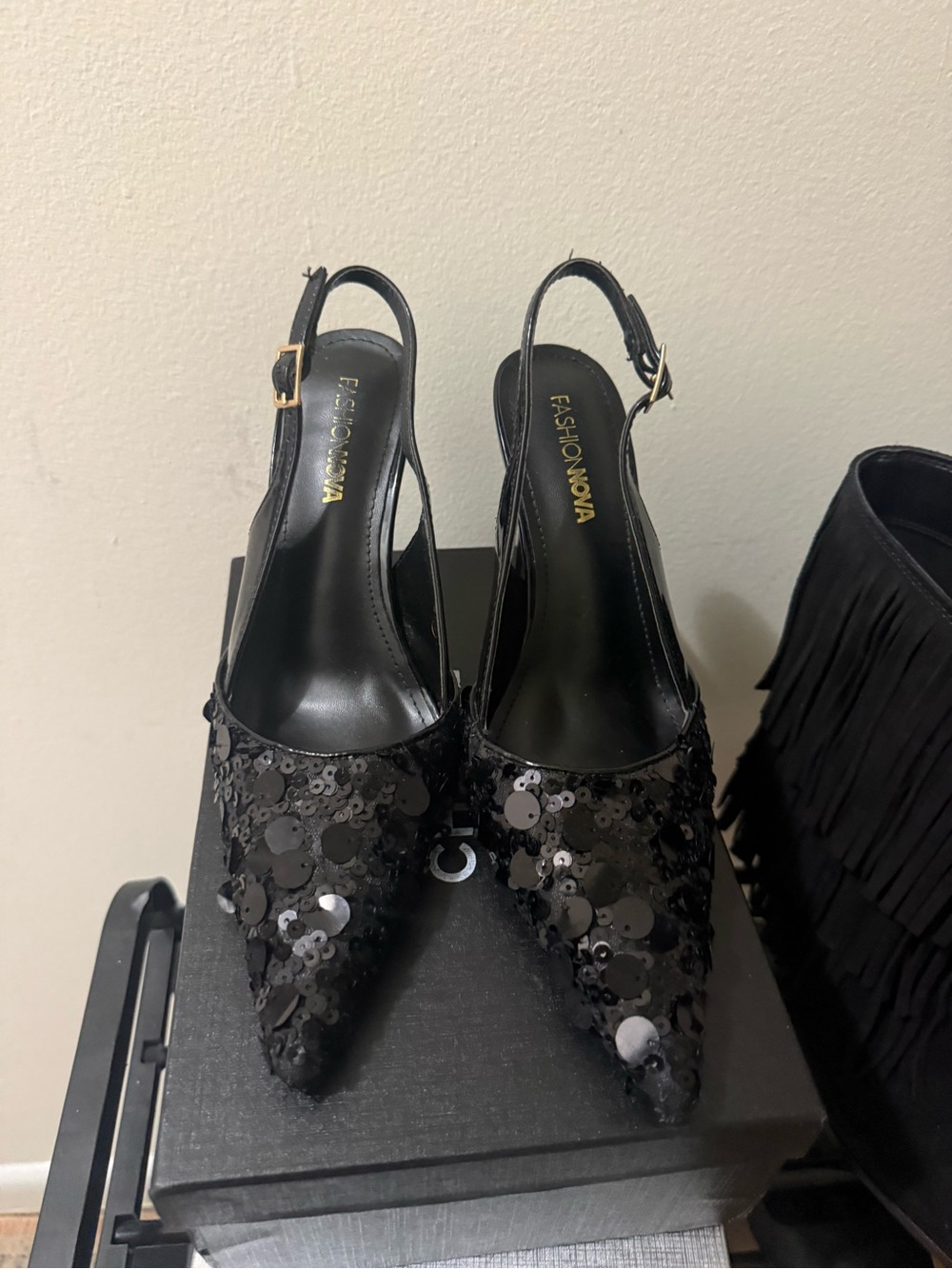 Fashion Nova Black Sequin Pointed Slingback Heels